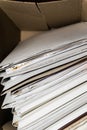 Paper documents stacked in archive. Old folders with documents in the box. office files background texture, closeup Royalty Free Stock Photo