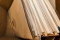 Paper documents stacked in archive. Old folders with documents in the box. office files background texture, closeup Royalty Free Stock Photo