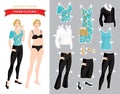 Paper doll with clothes for office and holiday.