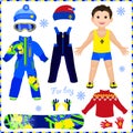 Paper doll with a set of clothes. Winter sportswear. Cute trendy Royalty Free Stock Photo