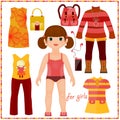 Paper doll with a set of fashion clothes. Cute gir
