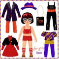 Paper doll with a set of fashion clothes. Cute hipster girl. Royalty Free Stock Photo