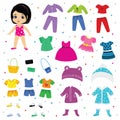 Paper doll vector dress up or clothing beautiful girl with fashion pants dresses or shoes illustration girlie set of