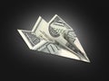 Paper dollar plane on black gradient background 3d