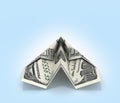 Paper dollar plane on blue gradient background 3d