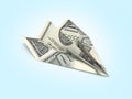 Paper dollar plane on blue gradient background 3d