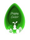 Paper easter background. Colorful easter eggs, multicolor rabbit paper cut greeting card template, celebration event