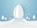 Paper Easter egg, and trees on blue background. Royalty Free Stock Photo