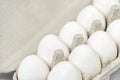 Paper Egg Tray with white eggs. chicken white eggs close up. farm chicken ecologic eggs Royalty Free Stock Photo
