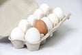 Paper Egg Tray with white eggs. chicken white eggs close up. farm chicken ecologic eggs Royalty Free Stock Photo