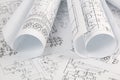 Paper electrical engineering drawings. Electronics Engineer project Royalty Free Stock Photo