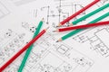 Paper electrical engineering drawings and pencils Royalty Free Stock Photo