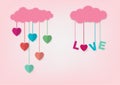 Paper elements in shape of heart with cloud and love text floating on pink background, Vector symbols of love for Happy Women`s Royalty Free Stock Photo