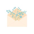 Paper envelope with blue flowers bouquet. Spring elements set isolated on white background. Vector flat illustration Royalty Free Stock Photo