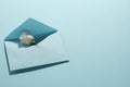 Paper envelope with flower on light blue background, above view. Mockup for design Royalty Free Stock Photo