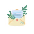 Paper envelope with letter or note and green leaves inside. Red heart as a stamp on the envelope. Flat cartoon vector illustration