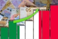 paper euro banknotes, Italy flag on textured background of graph, concept banking, stability national currency, monetary progress