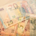 Paper euro notes. Five, twenty and ten euros. Royalty Free Stock Photo