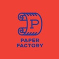 Paper factory emblem. Paper logo. Roll of paper illustration. P monogram. List icon. Linear option