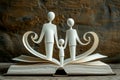 Paper family cut out on opened book. Knowledge, homeschooling, home library concept.