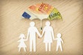 Paper family silhouette with umbrella made of euro banknotes on wooden background - Concept of family financial protection