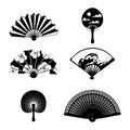 Paper fan. Black silhouettes with ethnic floral and marine patterns. Chinese or Japanese traditional geisha attribute