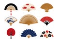 Paper fan. Chinese folding painted hand accessories. Japanese traditional vintage clothing decorative elements