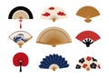 Paper fan. Chinese folding painted hand accessories. Japanese traditional vintage clothing decorative elements collection.