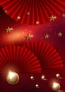 paper fan and firecrackers on glittering red background. vector illustration