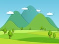 Paper field landscape. Summer landscape with green hills and blue sky, white clouds. Layered papercut creative vector 3d
