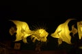 Paper fishes glowing from the inside with a yellow light