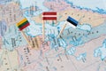 The Baltic states map with flag pins Royalty Free Stock Photo
