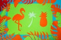 paper flamingo palm and pineapple on a green background, around tropical leaves, jungle design Royalty Free Stock Photo