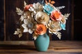 paper flower centerpiece on a rustic wooden table Royalty Free Stock Photo