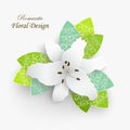 Paper flower with green leaves. Colorful, bright lilies are cut out of paper on a white background Royalty Free Stock Photo