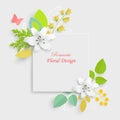 Paper flower with green leaves. Frame, colorful, bright lilies are cut out of paper on a white background Royalty Free Stock Photo
