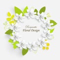 Paper flower with green leaves. Frame, colorful, bright lilies are cut out of paper on a white background Royalty Free Stock Photo