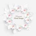 Paper flower with green leaves. Frame, colorful, bright roses, lotus are cut out of paper on a white background Royalty Free Stock Photo