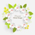 Paper flower with green leaves. Frame, colorful, bright roses, lotus are cut out of paper on a white background Royalty Free Stock Photo