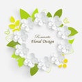 Paper flower with green leaves. Frame, colorful, bright roses, lotus are cut out of paper on a white background Royalty Free Stock Photo
