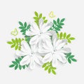 Paper flower with green leaves. White roses, lotus are cut out of paper on a white background Royalty Free Stock Photo