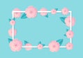 Paper flower with rectangle frame in craft style. Pastel floral illustration. Spring cherry background for text. Japanese banner.