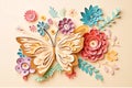 Paper flowers and butterfly on a beige background. papercraft. Generative AI Royalty Free Stock Photo