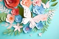 Paper flowers and butterfly on blue background, flat lay. floral background. Generative AI Royalty Free Stock Photo