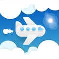 Paper Flying Plane In Clouds. Blue Sky Travel Background. Cutout Flat Icons. Vector Royalty Free Stock Photo