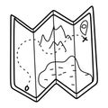 Paper folded Map with a Route editable Doodle hand drawn icon. Map for camping, hiking, local tourism illustration with Point or Royalty Free Stock Photo