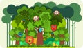 Paper art style of cute cartoon wild animals in forest, Vector illustration