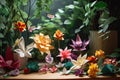 paper garden, with origami flowers and foliage