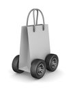 Paper gift bag with wheels on white background. Isolated 3D illustration