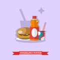 Paper glass and bottle of sparkling water with burger, vector Royalty Free Stock Photo